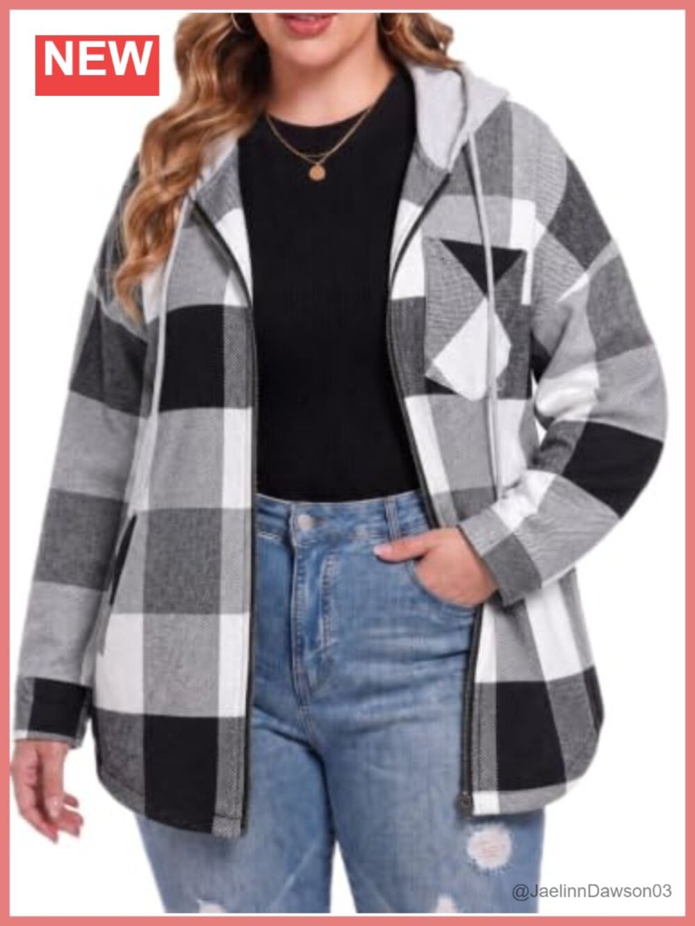 Plus Size Hooded Flannel Shacket Zip Up Plaid Jacket